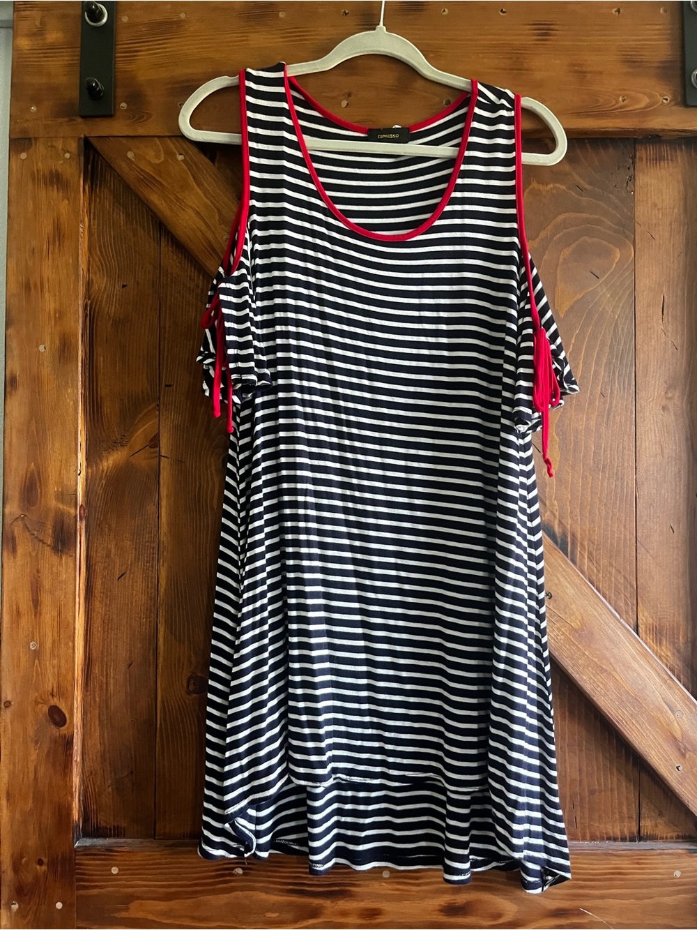 Espresso Black and White Striped High-Low Dress with Red Trim
